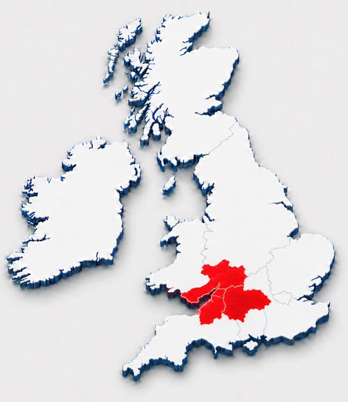 A map of the UK showing the South West and South Wales highlighted in red